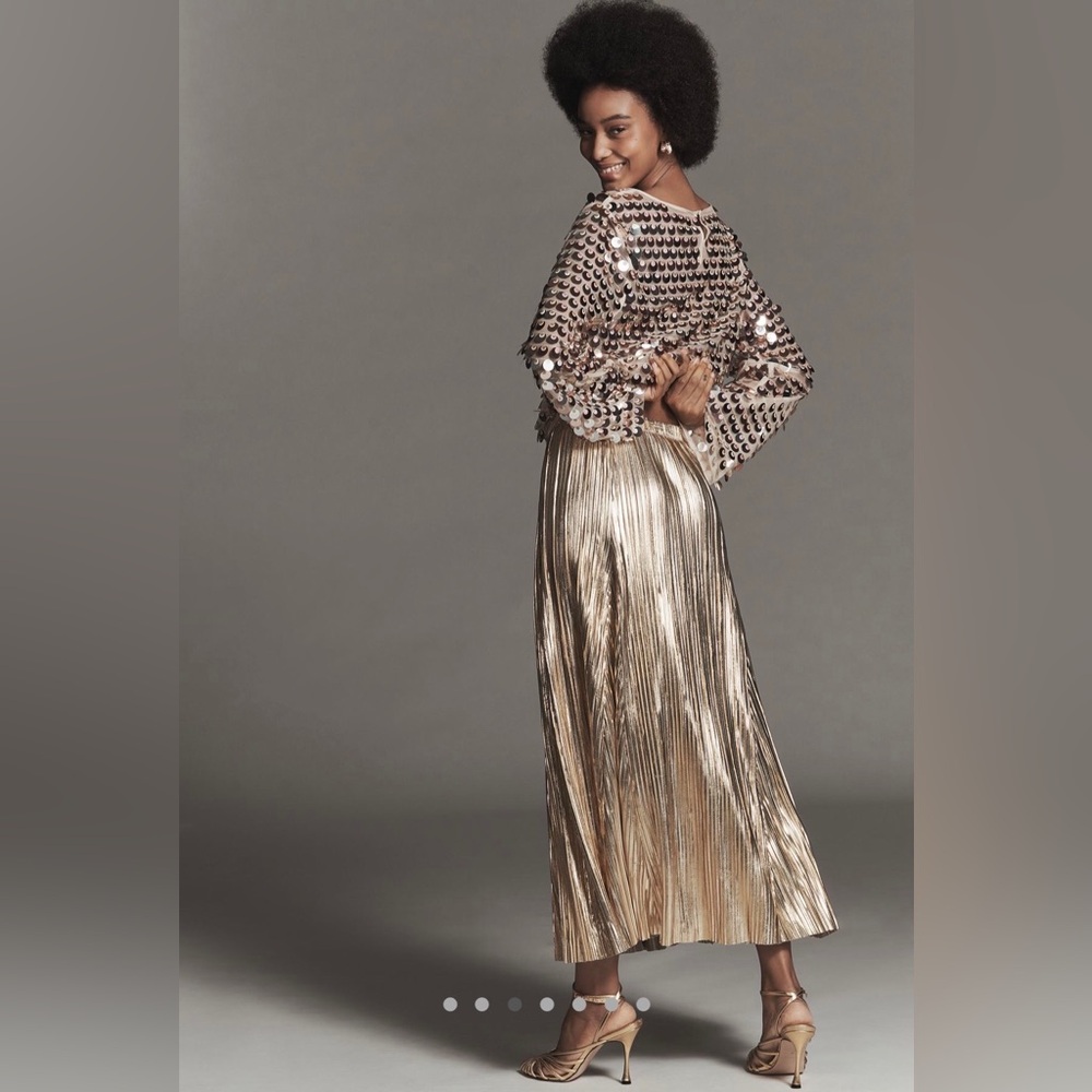 ❤️🔥Firm Price❤️🔥By Anthropologie Metallic pleated midi skirt - Picture 4 of 13
